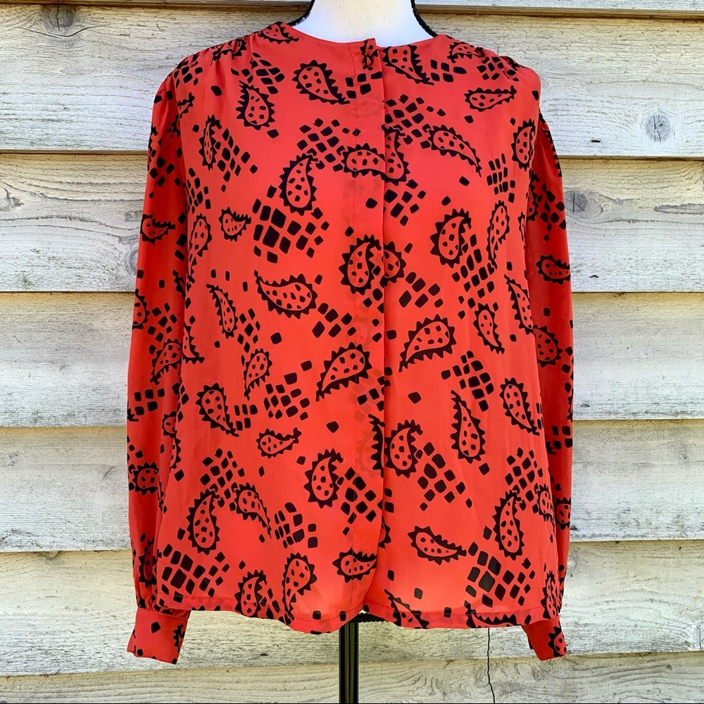 Vintage 80s Orange Block Paisley Print Long Puff Sleeve Button Down Popover Top